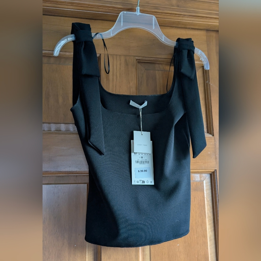 Zara Black Tie-Shoulder Square Neck Tank